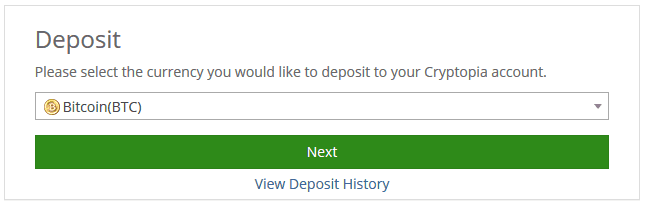 Cryptopia Deposit Select Currency Bitcoin
