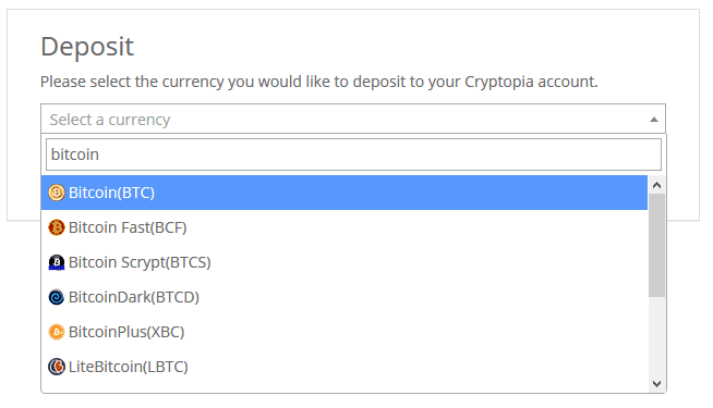 Cryptopia Deposit Select Currency