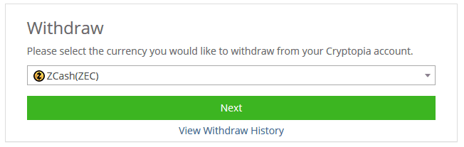 Cryptopia Withdraw Select Currency Zcash